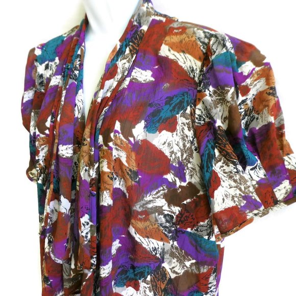 Vintage Tops - Vintage Blouse Open Front Waterfall Puff Short Sleeves Cardigan L